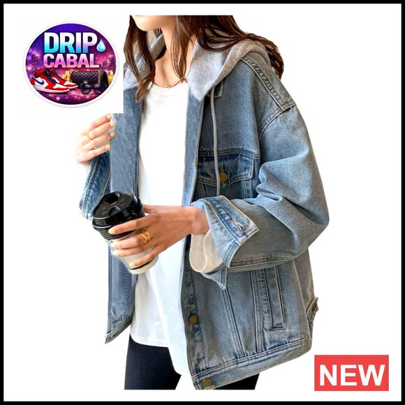 Oversized Distressed Denim Jacket with Hood Cropped Fit Cotton Blend